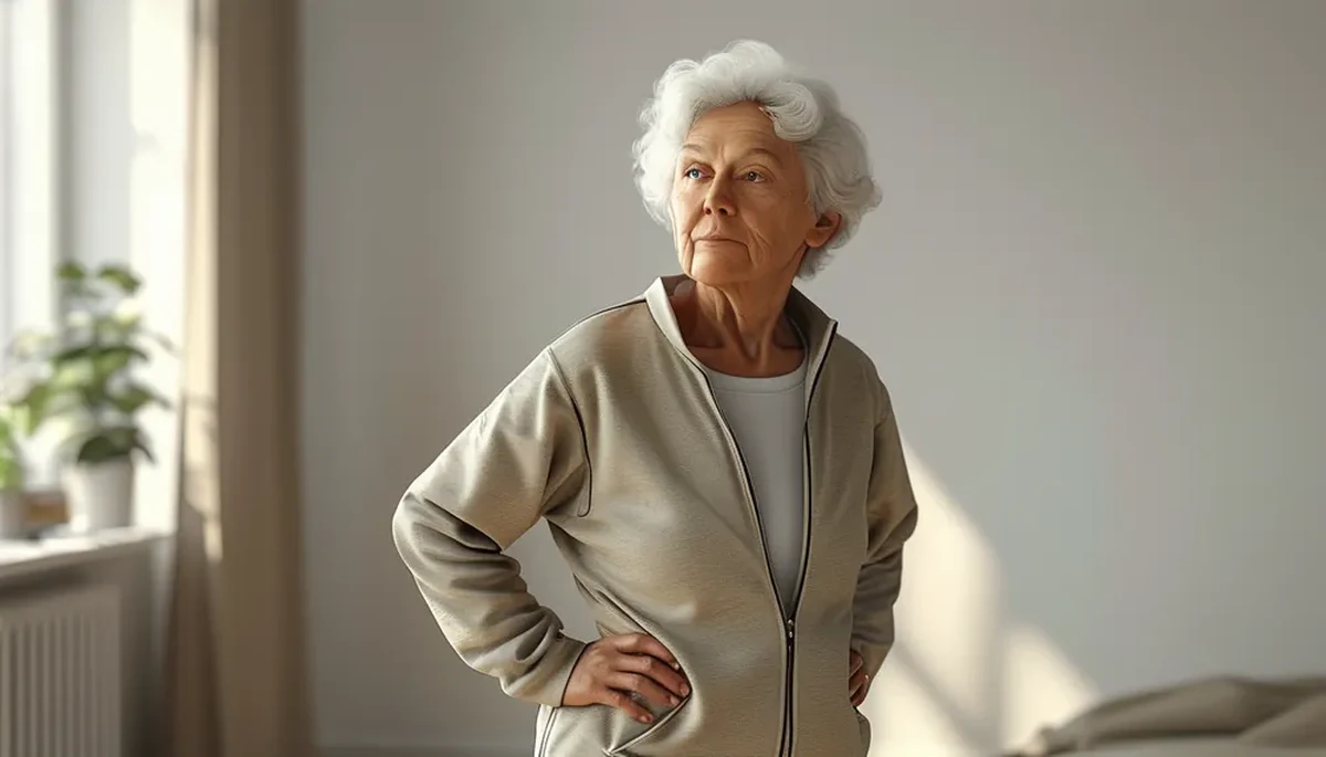 Older woman practicing a balance exercise standing on one leg