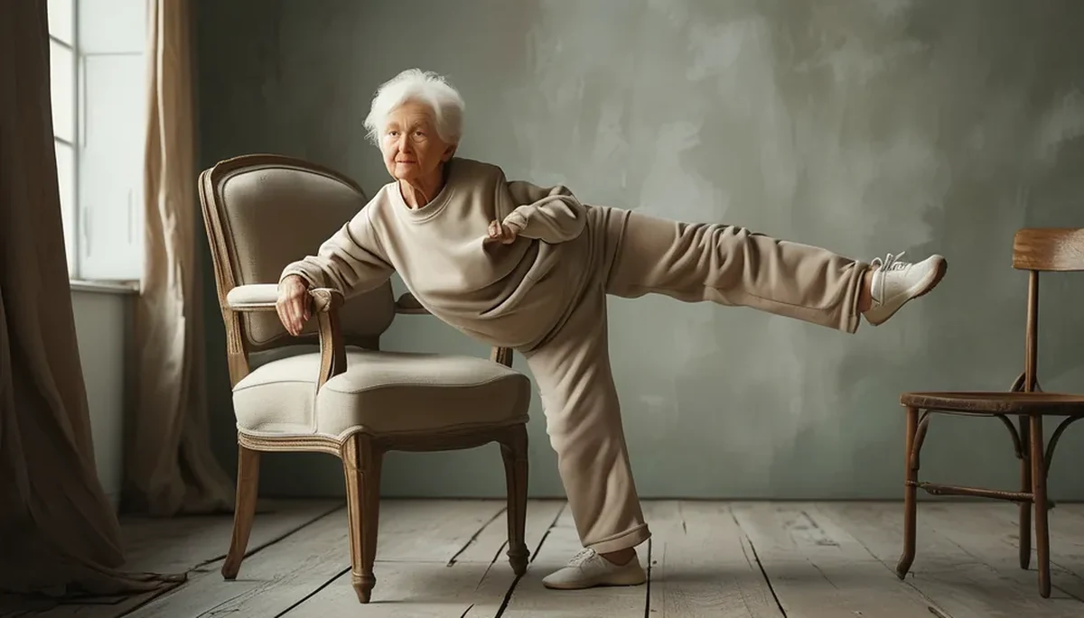 Senior woman doing a supported balance stretch near a chair