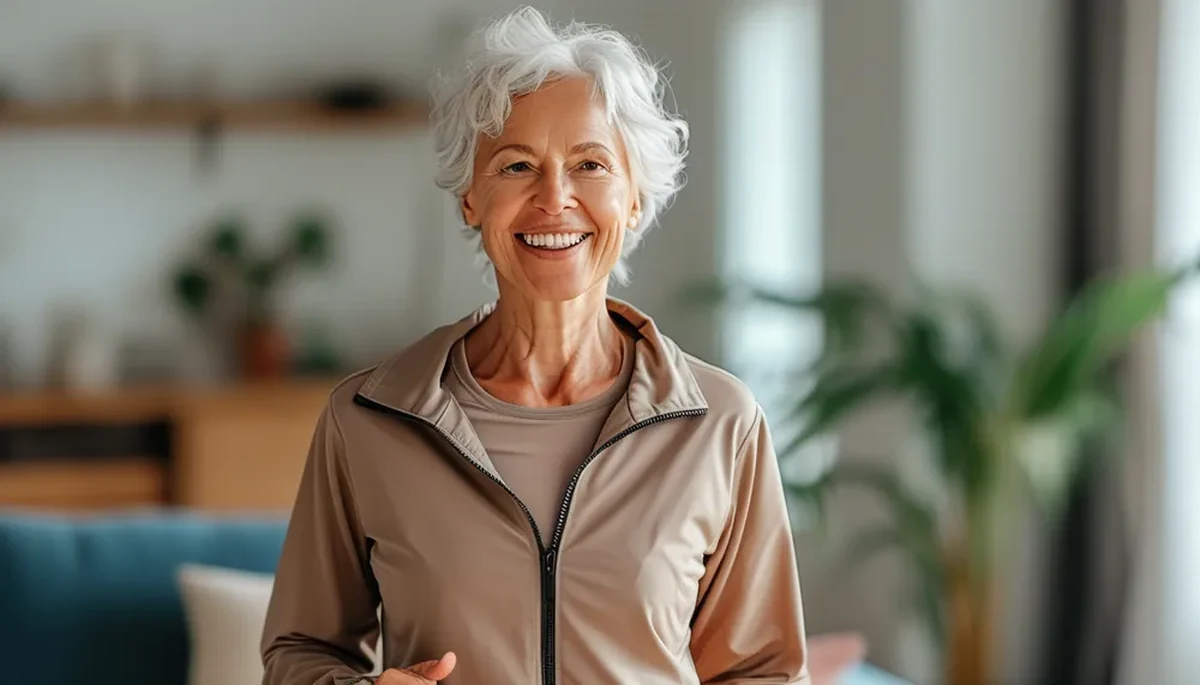 Active woman over 60 doing a low-impact workout at home