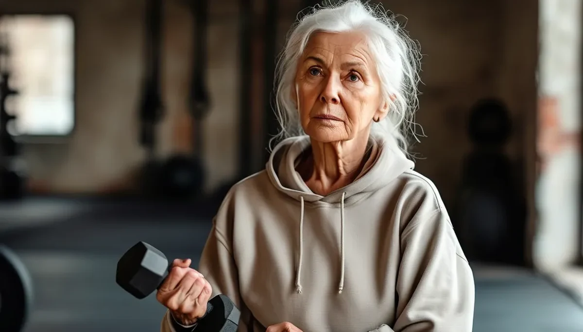 Senior woman doing gentle strength exercise with light weights