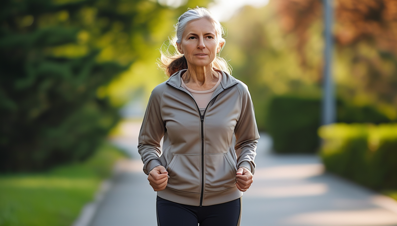 Woman in her 60s walking briskly outdoors